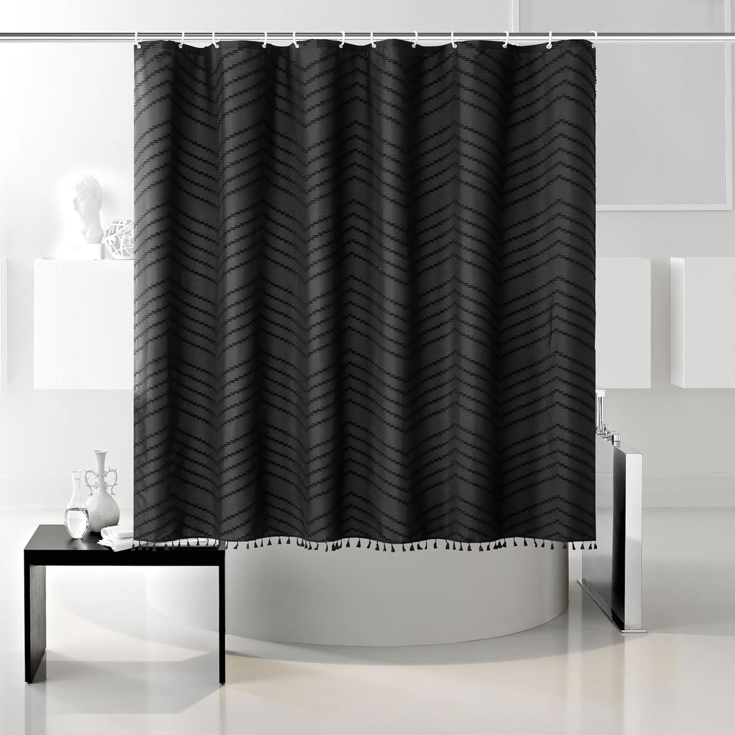 Boho Shower Curtain Black Tassel Woven Fabric Short Shower Curtain 72 x 66 Modern Farmhouse Textured Tufted Chevron Striped Minimalist Bathroom Shower Curtains