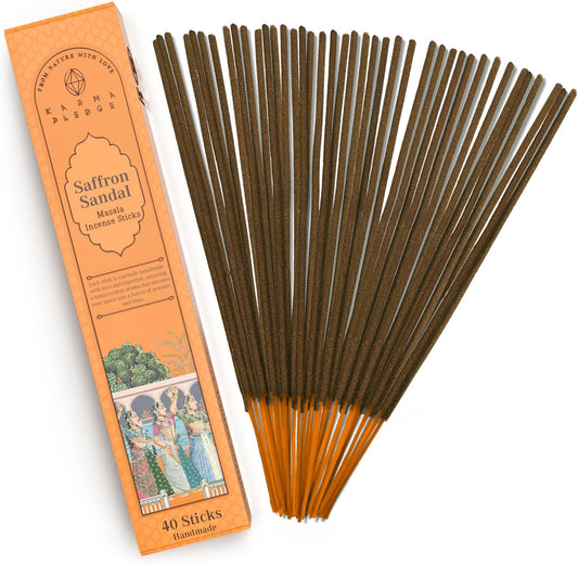 Incense Sticks, Saffron Sandal Incense, Made with Natural Ingredients, Hand Rolled Aromatic Masala, 40 Stick Pack, 45-60 Minute Burn Time, Best for Home Fragrance, Meditation, Yoga, Spiritual Healing