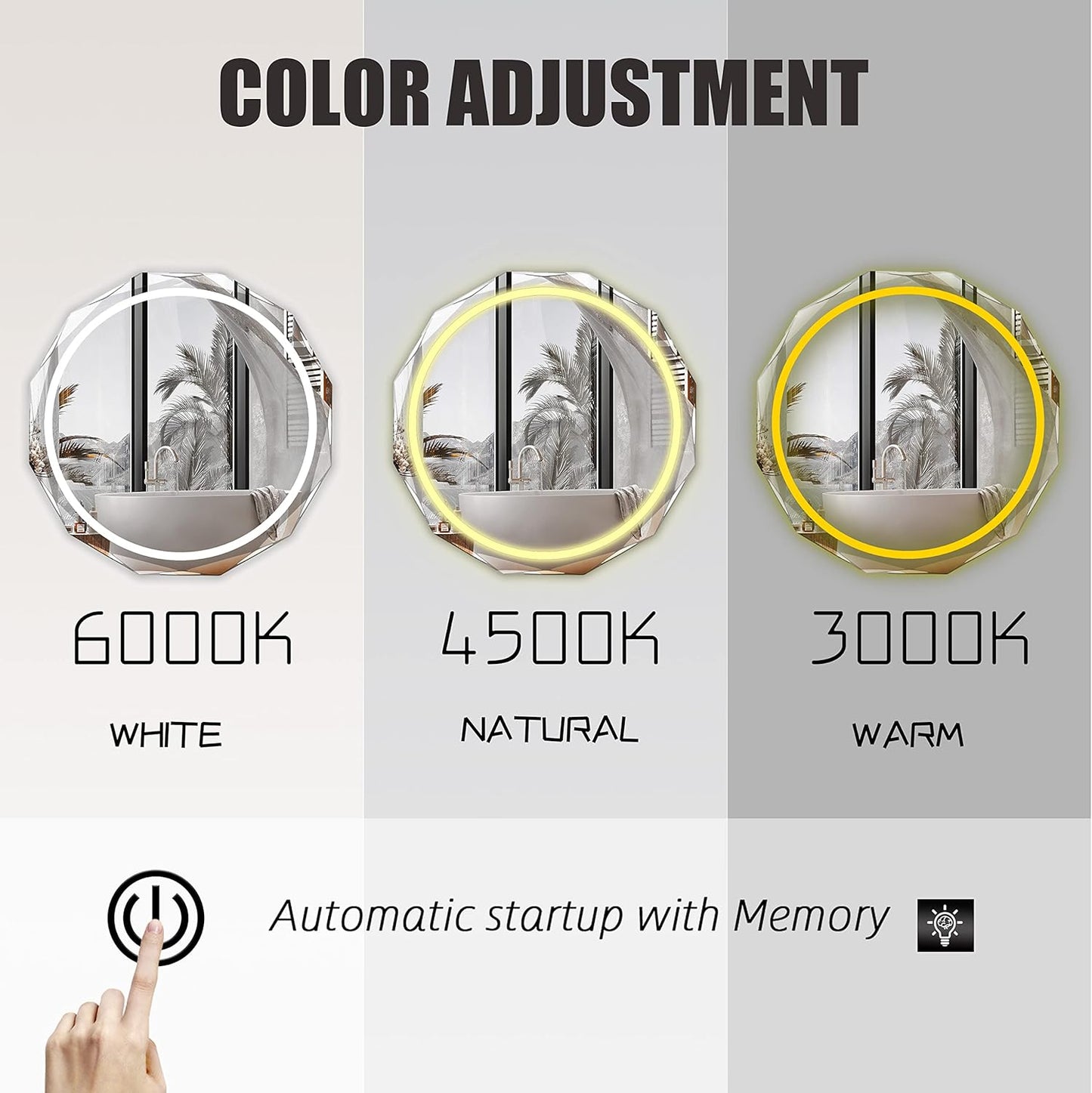 Round LED Bathroom Mirror, Beveled Edge Frameless Wall Mount Bathroom Vanity Mirror with 3-Color and Anti-Fog, 30 Inch, Silver