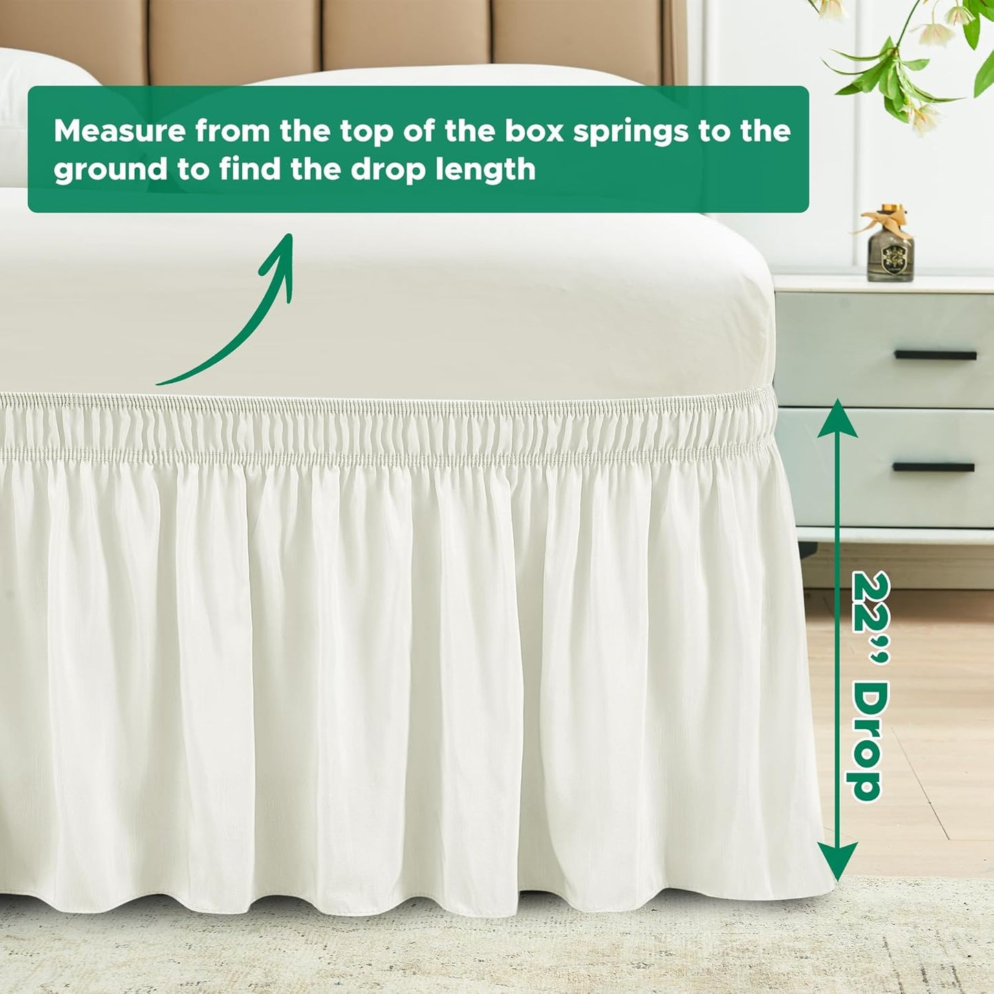 Biscaynebay Wrap Around Bed Skirts for King & Cal King Beds 22" Long Drop, Ivory Adjustable Elastic Dust Ruffles Easy Fit Wrinkle Resistant Silky Luxurious Fabric Machine Washable