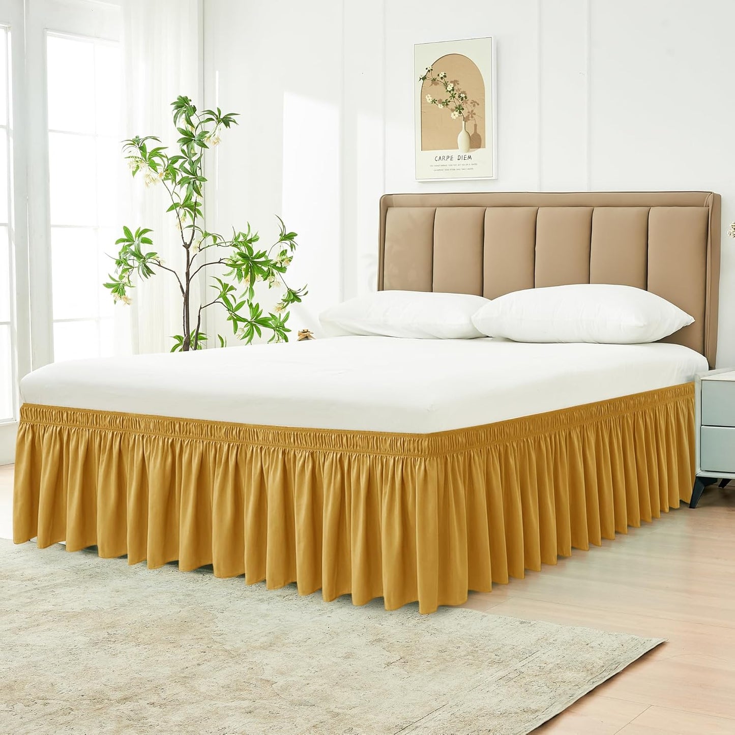 Biscaynebay Wrap Around Bed Skirts for Queen Size Beds 18" Drop, Christmas Gold Adjustable Elastic Dust Ruffles Easy Fit Wrinkle Resistant Silky Luxurious Fabric Machine Washable