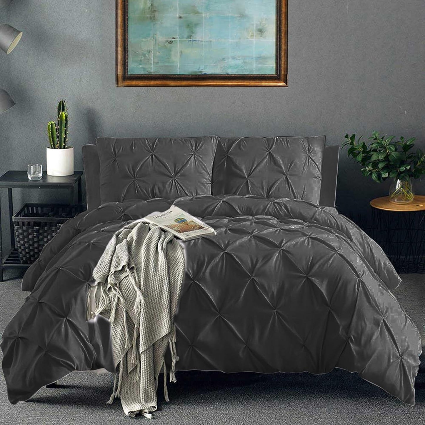 Pinch Pleated Duvet Cover Set 100% Brushed Microfiber 3PC Super King Plus Size 120x120 Duvet Cover Set, Decorative Pinch Design Dark Grey Duvet Cover with Matching Pillow Case
