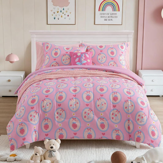 Full Size Comforter Set for Girls - 4 Pieces Pink Strawberry Full Bedding Sets for Kids,1 Comforter, 2 Shams and 1 Decor Pillow