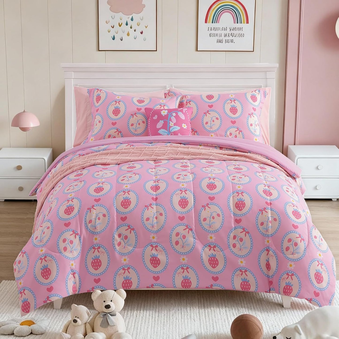 Twin Comforter Set for Girls-3 Pieces Pink Strawberry Twin Bedding Sets for Kids,1 Comforter,1 Sham and 1 Decor Pillow