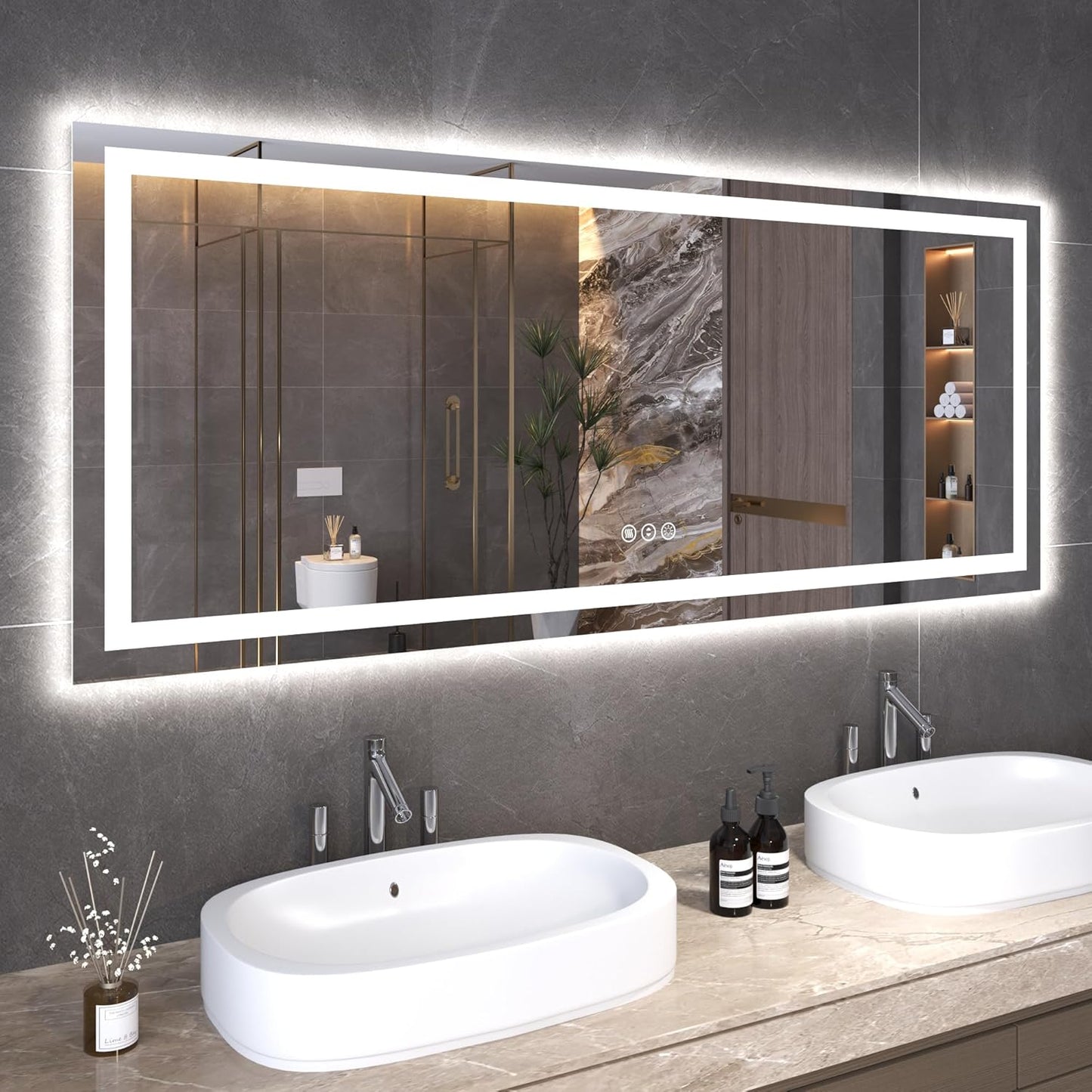 60"X24" LED Bathroom Mirror with Front Lights and Backlit, Anti-Fog, Dimmable, Shatter-Proof Tempered Glass, Lighted Bathroom Vanity Mirror for Wall with 3 Colors, Memory Function