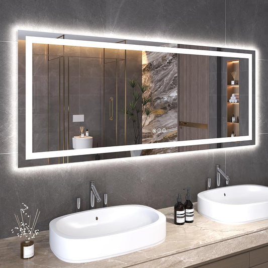 60"X24" LED Bathroom Mirror with Front Lights and Backlit, Anti-Fog, Dimmable, Shatter-Proof Tempered Glass, Lighted Bathroom Vanity Mirror for Wall with 3 Colors, Memory Function