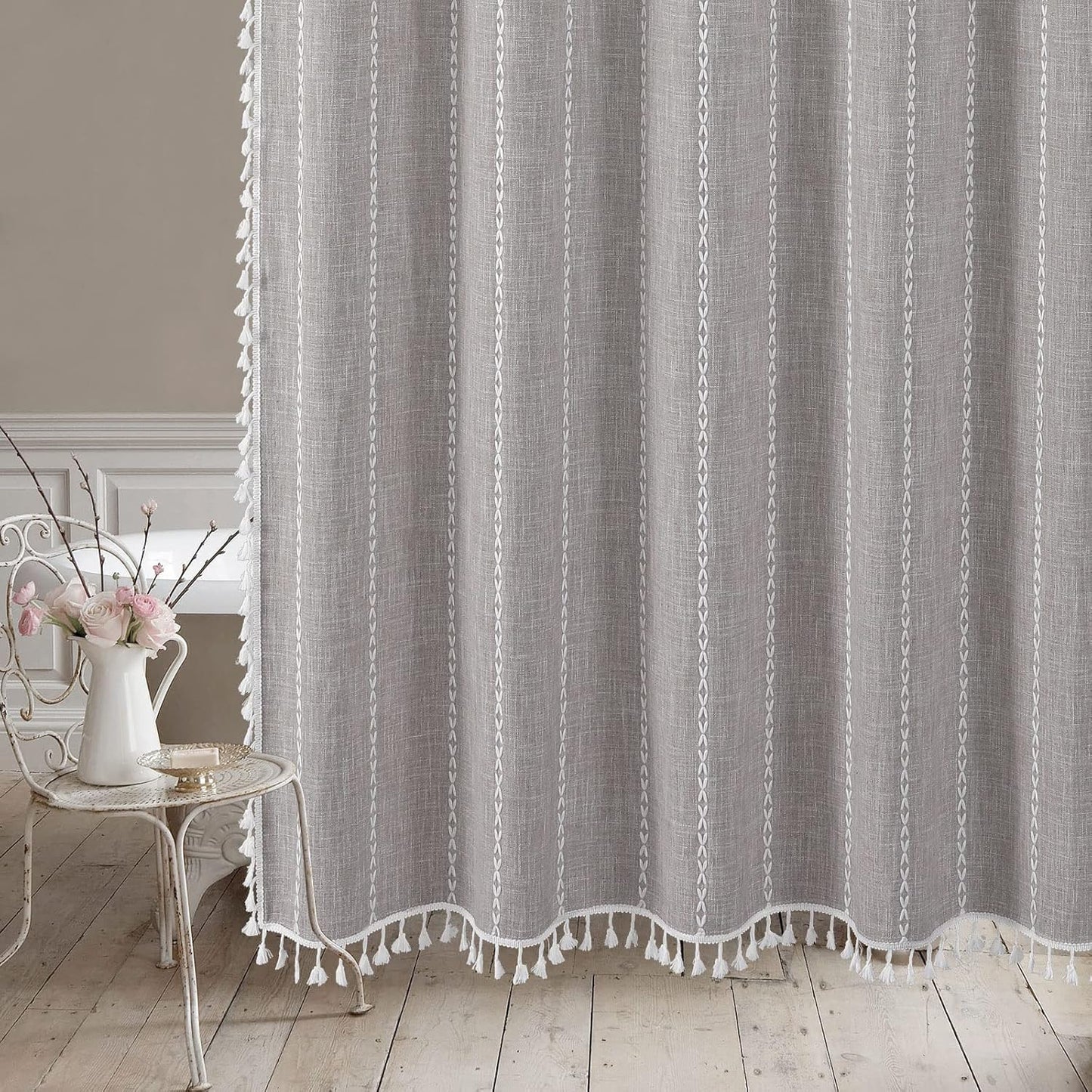 MitoVilla Boho Long Shower Curtain 72 x 78, Farmhouse 78 inch Long Polyester Linen Fabric Shower Curtains with Tassel for Chic Cottagecore French Rustic Bathroom Decor