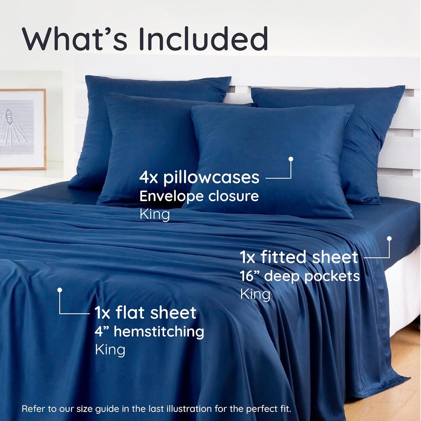 Bambaw King Sheet Set 6pcs – 100% Viscose Derived from Bamboo Sheets, Buttery Soft Bed Sheets, Cooling Sheets for Hot Sleepers, King Bed Sheets with Corner Straps, Fits Up to 16'' (Navy Blue)