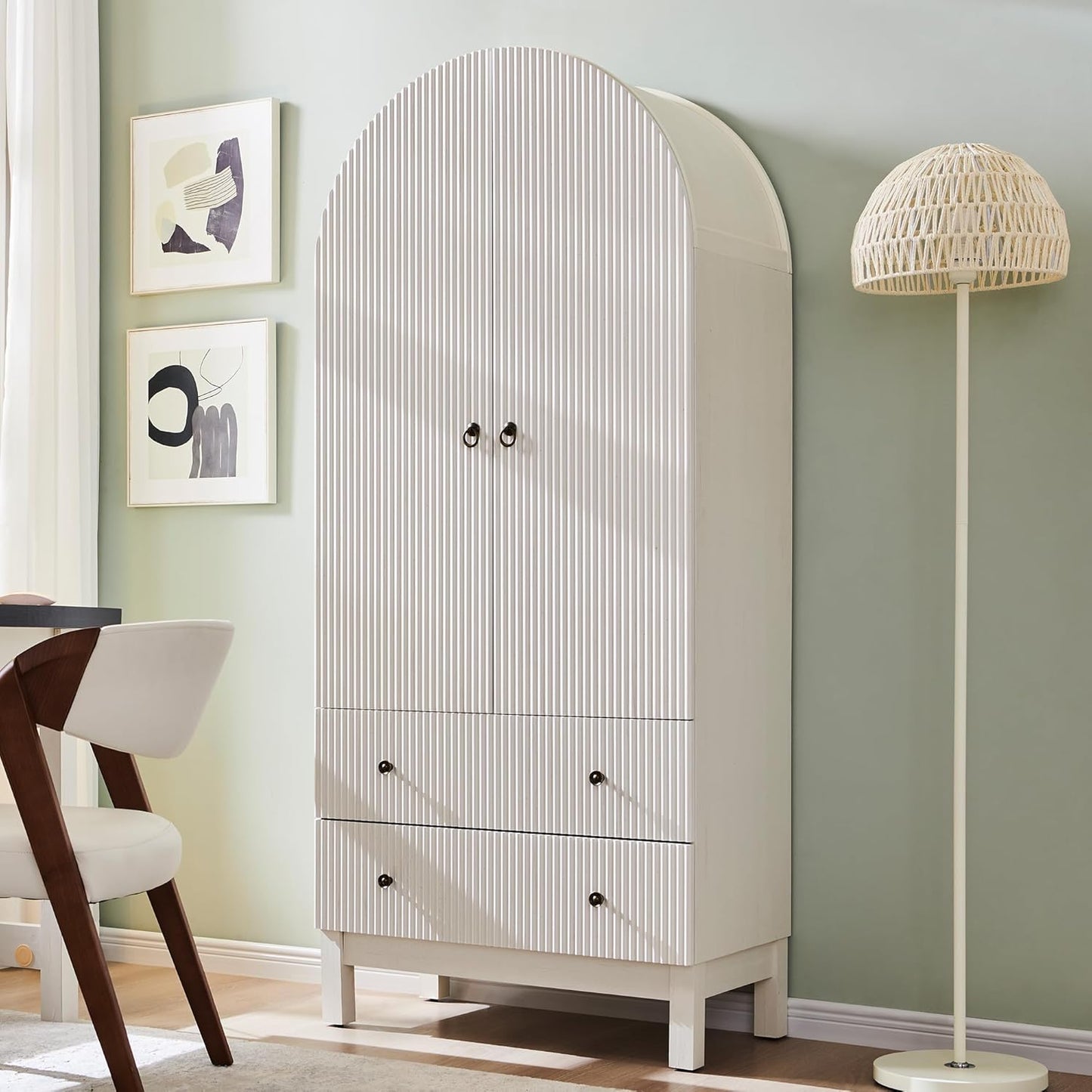 71" Tall Arched Bathroom Storage Cabinet, Modern Fluted Cabinet Storage with 4 Shlves and 2 Drawers, Floor Cabinet for Bathroom, Living Room, Kitchen, White