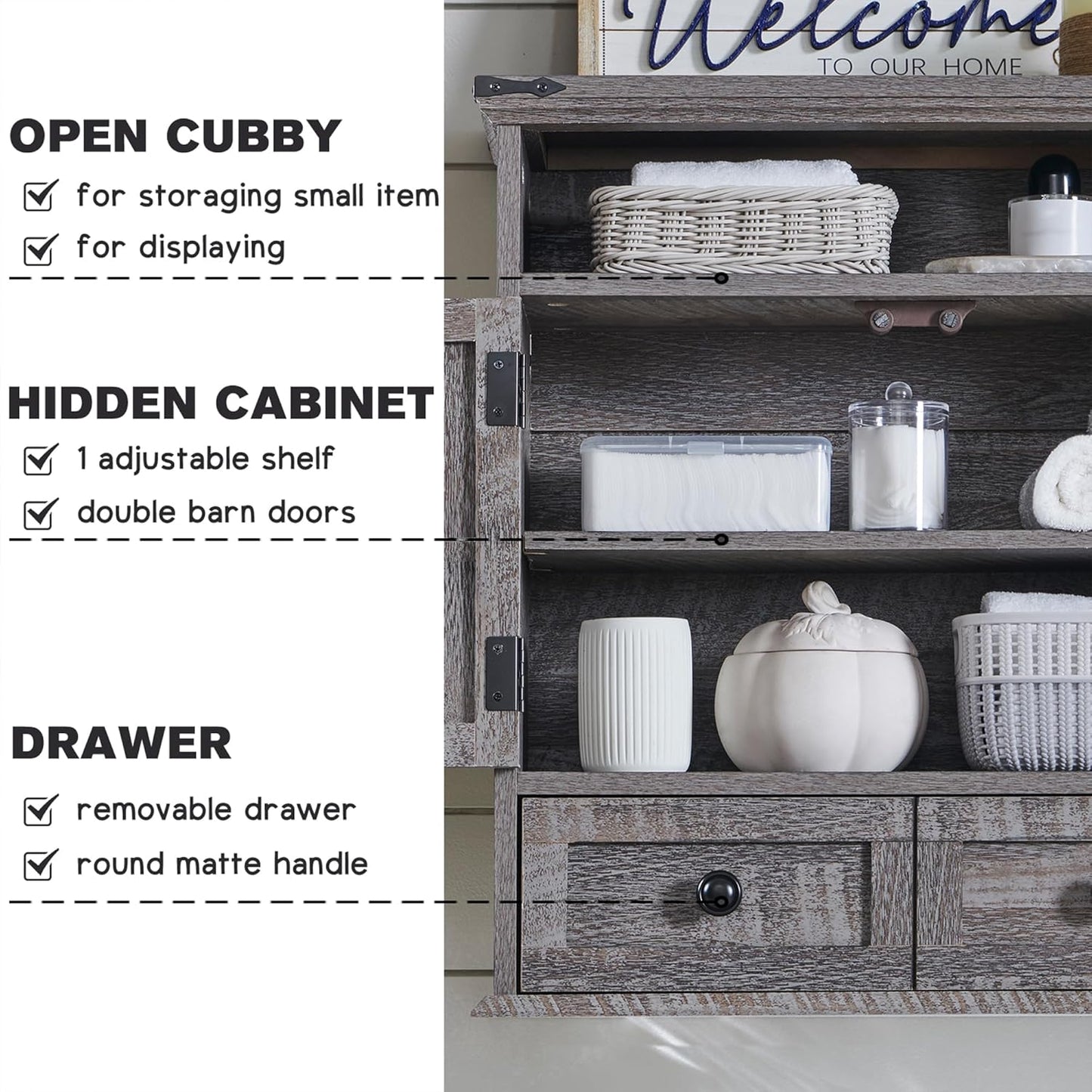 ACCOHOHO Bathroom Wall Cabinet, Farmhouse Medicine Cabinet, 24" Wide Cabinet with Drawer, Adjustable Shelf, Double Barn Doors, Storage Cabinet for Bathroom, Kitchen, Living Room, Grey Wash