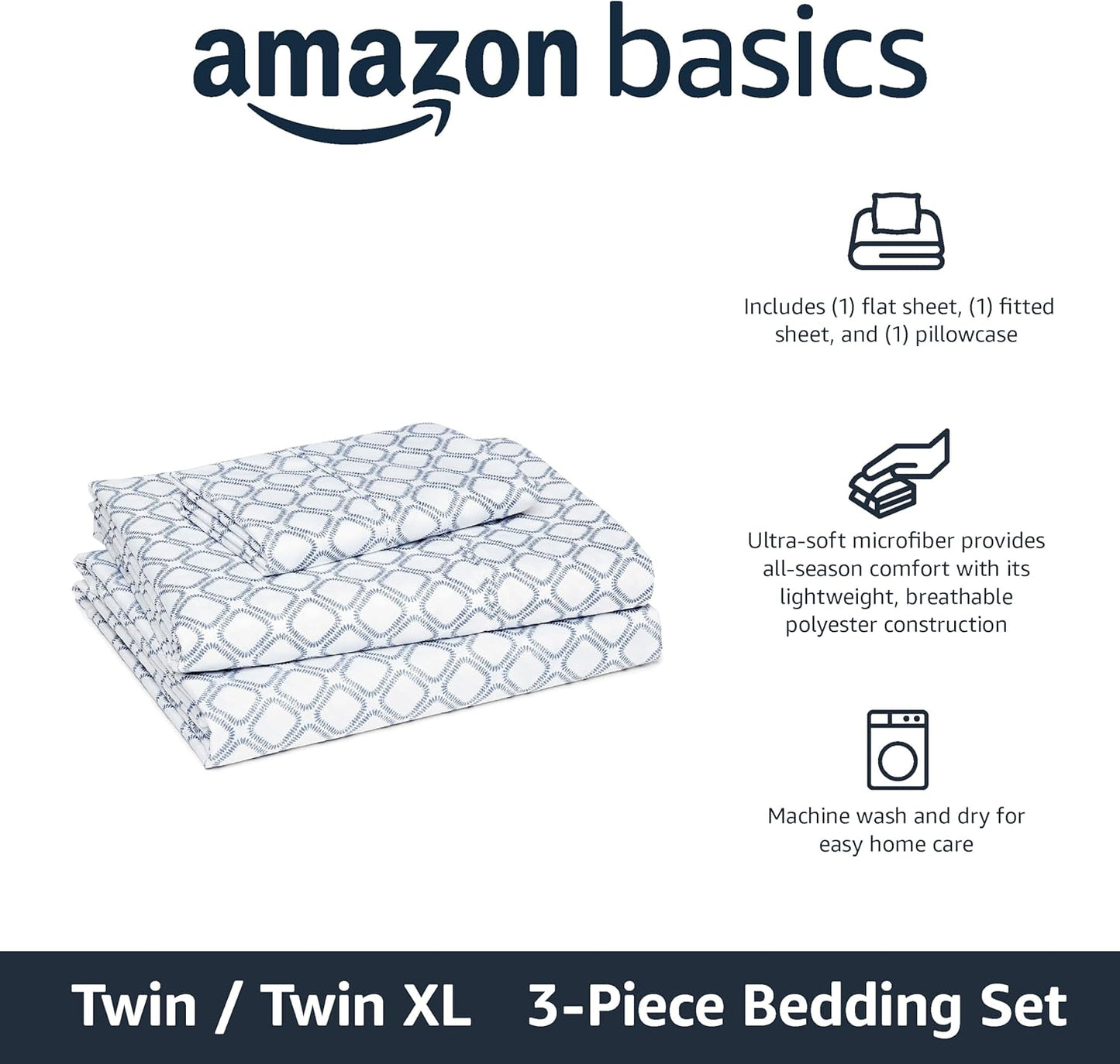 Amazon Basics Lightweight Microfiber 3-Piece Bed Sheet Set, Aqua, Printed, Twin XL