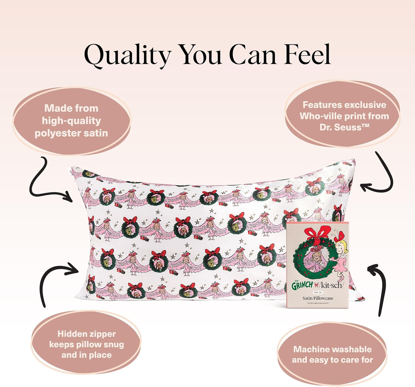 The Grinch x Kitsch Satin Pillowcase with Zipper for Hair & Skin - Softer Than Silk Pillow Cases, Smooth Cooling Pillow Cover, Wrinkle-Free, Machine Washable, King Size (19x36)- Cindy Lou