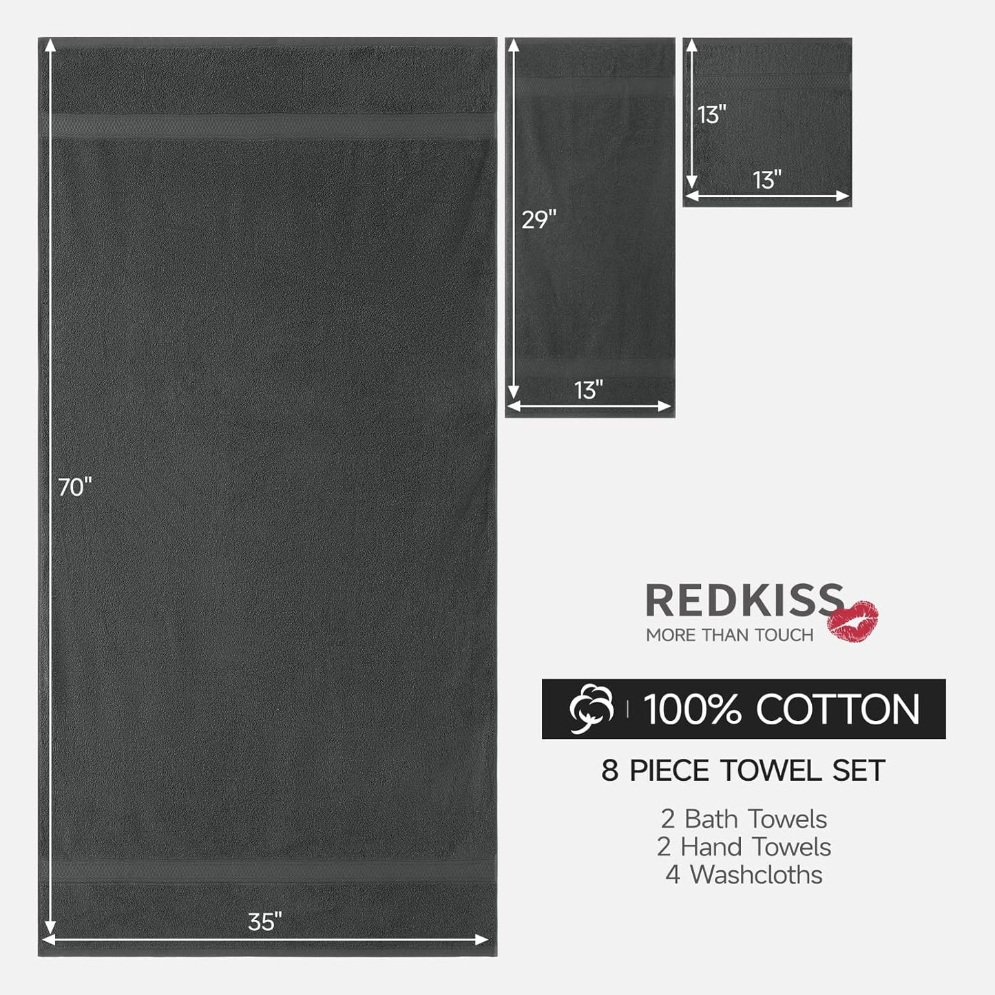 REDKISS Luxury 100% Cotton 8 Piece Bath Towel Sets, 2 Bath Sheets (35x70 in), 2 Hand, 4 Washcloths, Super Absorbent & Quick-Dry Shower Towel for Bathroom Spa Gym Hotel Yoga - Grey