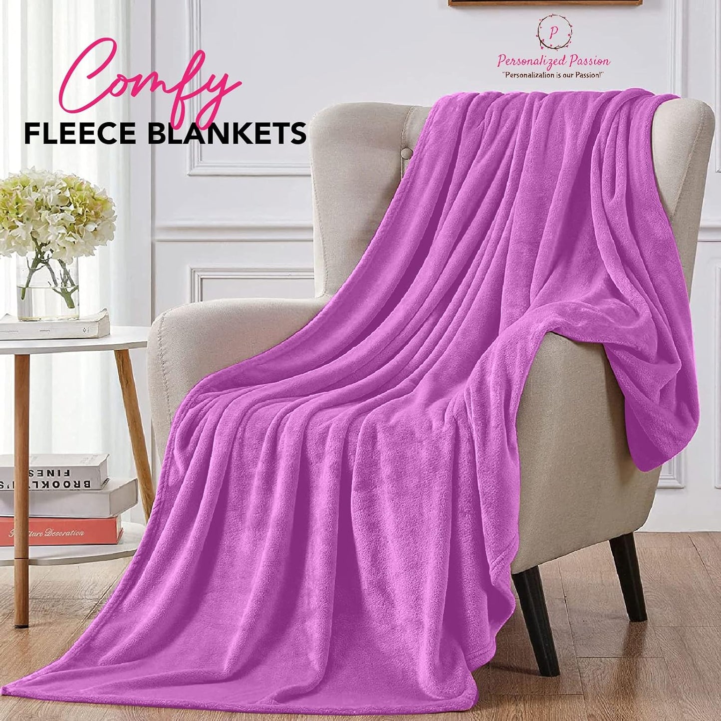 Personalized Blankets for Adults - Custom Blanket with Embroidered Name or Monogram - Soft Fleece Throw Cover for Bed & Couch - Purple (40"x60")