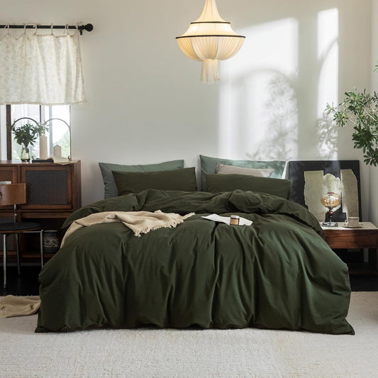 FOSSA Duvet Cover Set 100% Washed Cotton Linen Feel Super Soft Breathable Cozy Simple Style 3 Pieces Bedding Sets Solid Olive Green Oversized King Plus