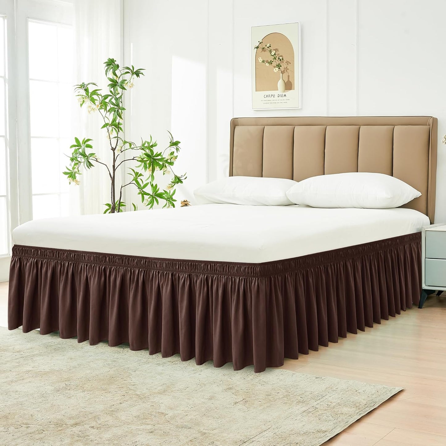 Biscaynebay Wrap Around Bed Skirts for King & Cal King Beds 18" Drop, Brown Adjustable Elastic Dust Ruffles Easy Fit Wrinkle Resistant Silky Luxurious Fabric Machine Washable