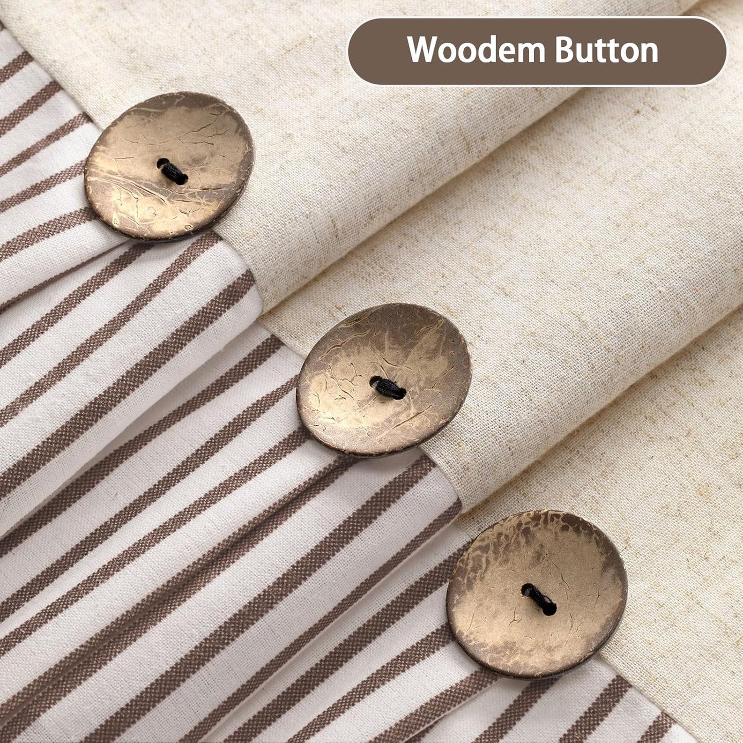 Farmhouse Shower Curtain Linen Beige Button Woven Fabric Country Rustic Western, Pleated Brown Stripe 72" W x 78" L
