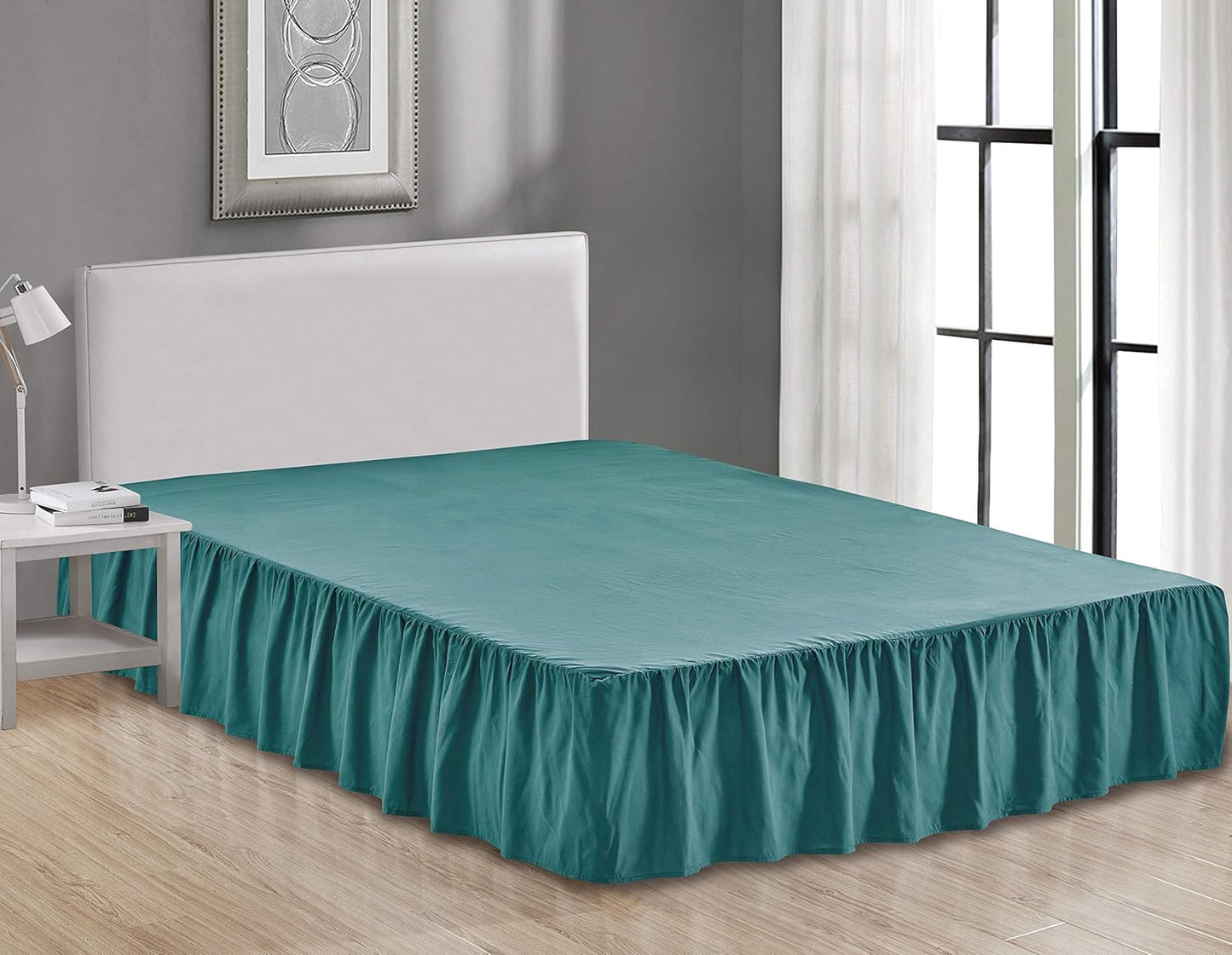 Sheets & Beyond Wrap Around Solid Microfiber Luxury Hotel Quality Fabric Bedroom Gathered Ruffled Bedding Bed Skirt 14 Inch Drop (Full, Teal)