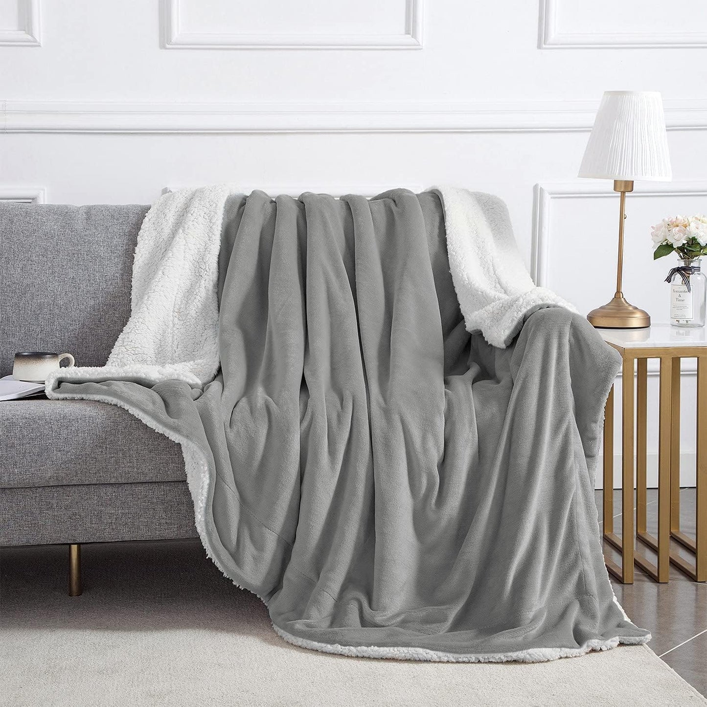 IR Imperial Rooms Sherpa Fleece Throw Blanket Twin Size for Couch - Thick and Warm Fluffy Blankets for Winter, Soft and Fuzzy Twin Blanket for Bed and Sofa, Light Grey, 60x80 Inches
