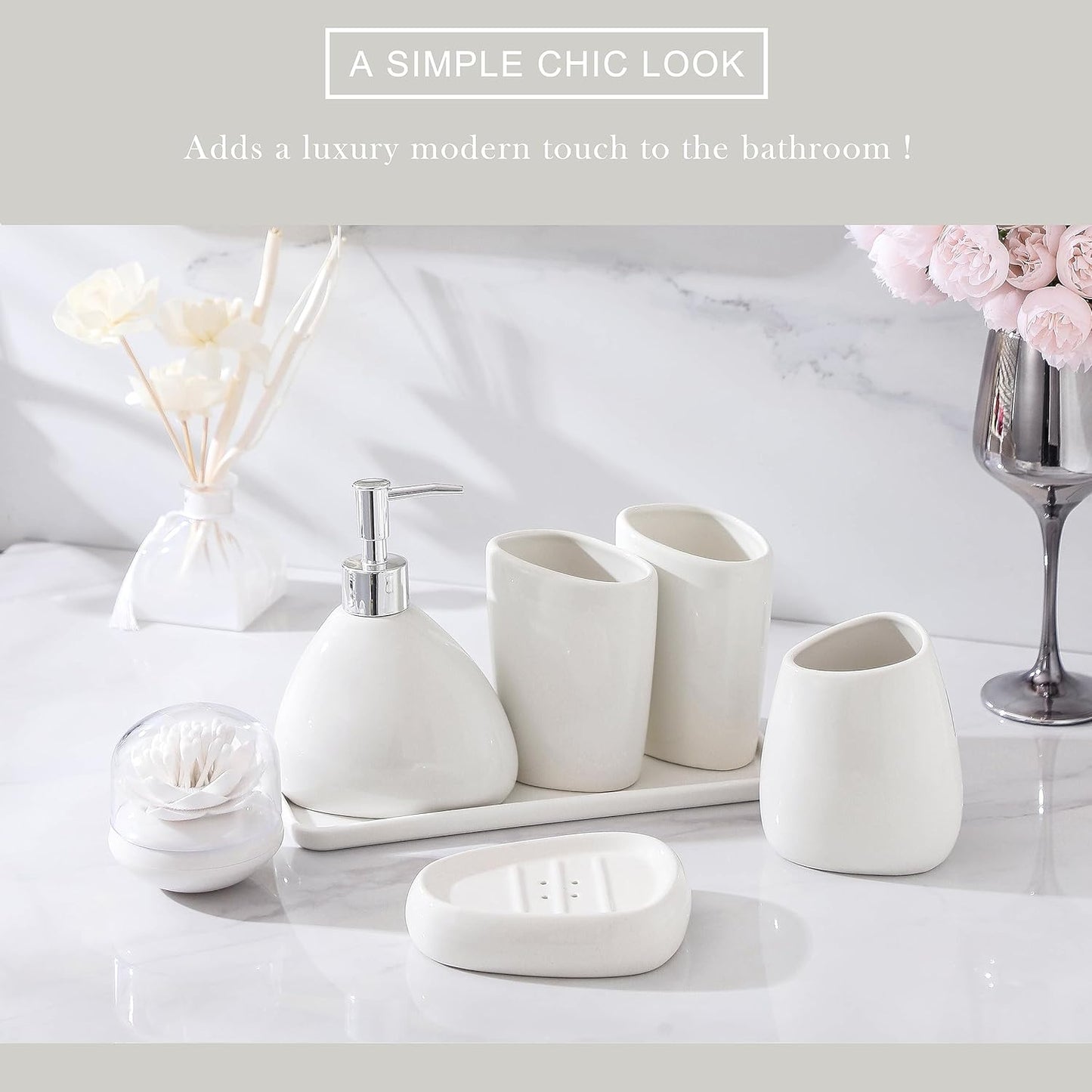 Ceramic Bathroom Accessory Set, 7 Pieces Countertop Accessories, Include Soap Dispenser, Toothbrush Holder, 2 Tumbler Cup, Soap Dish, Plastic Vanity Tray, Qtip Holder (White)