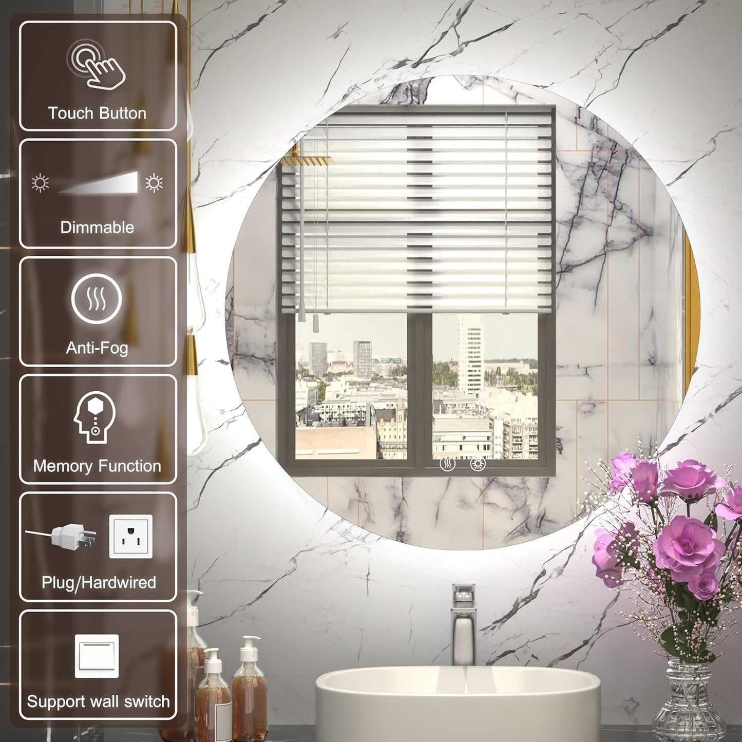 LED Bathroom Mirror 24 Inch, 3 Color Temperatures (3000K/4500K/6000K), Dimmable Backlight, Anti-Fog, 5MM HD Glass, CRI 90+, Round Vanity Mirror with Light