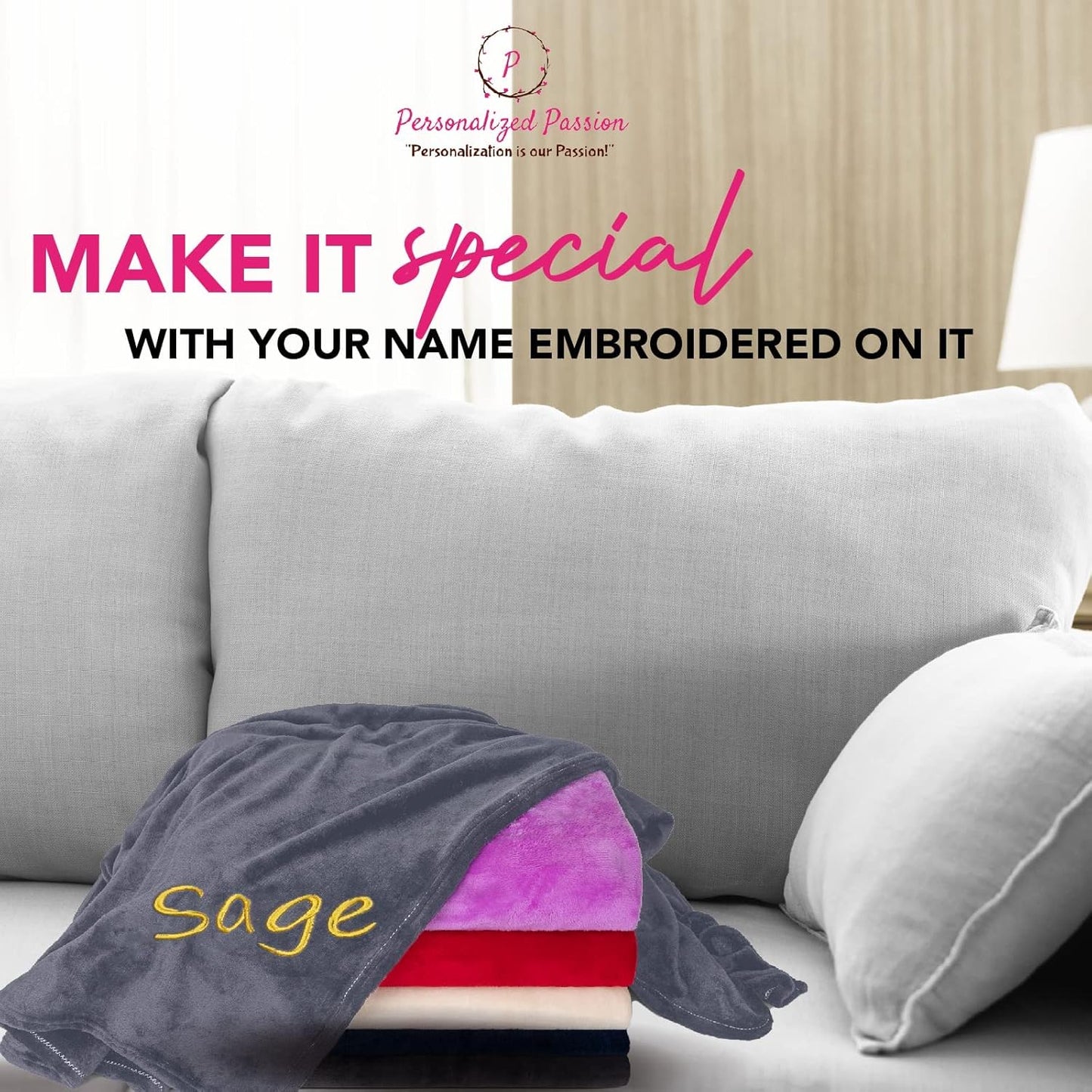 Personalized Blankets for Adults - Custom Blanket with Embroidered Name or Monogram - Soft Fleece Throw Cover for Bed & Couch - Grey (60"x80")