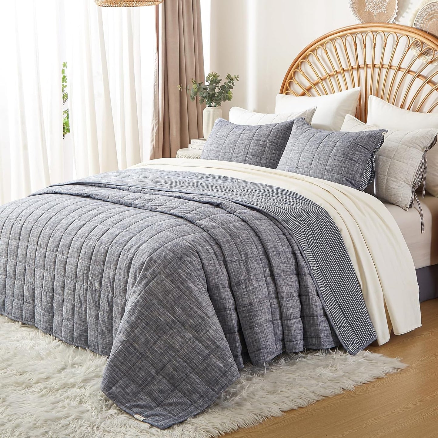 Navy Quilts Queen Size， Cotton Bedspreads Queen Size，3-Pieces Queen Quilt Set with Blue Stripe Bedding Coverlet Light Weight Quilted Blanket with 2 Pillow Shams
