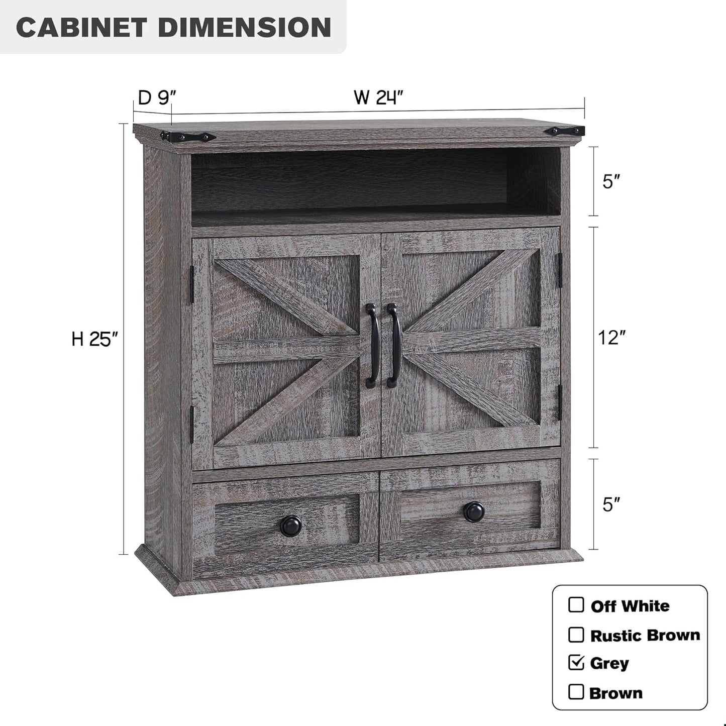 ACCOHOHO Bathroom Wall Cabinet, Farmhouse Medicine Cabinet, 24" Wide Cabinet with Drawer, Adjustable Shelf, Double Barn Doors, Storage Cabinet for Bathroom, Kitchen, Living Room, Grey Wash
