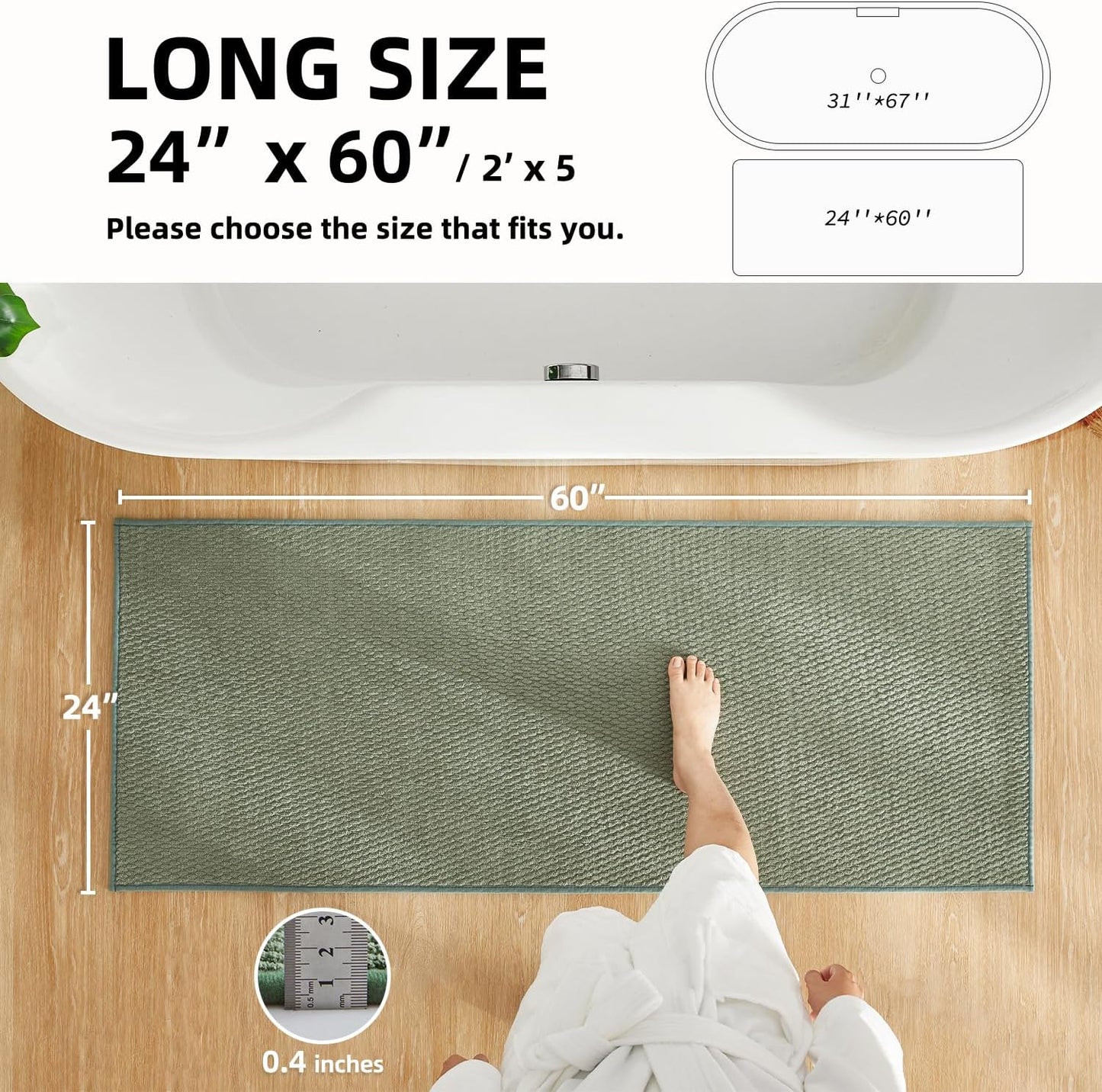 Bathroom Runner Rug, Long Bath Mat Washable Thin Quick Dry Low Pile Bathroom Runner Rugs 24 x 60 Non Slip, Sage Green 24"x60"