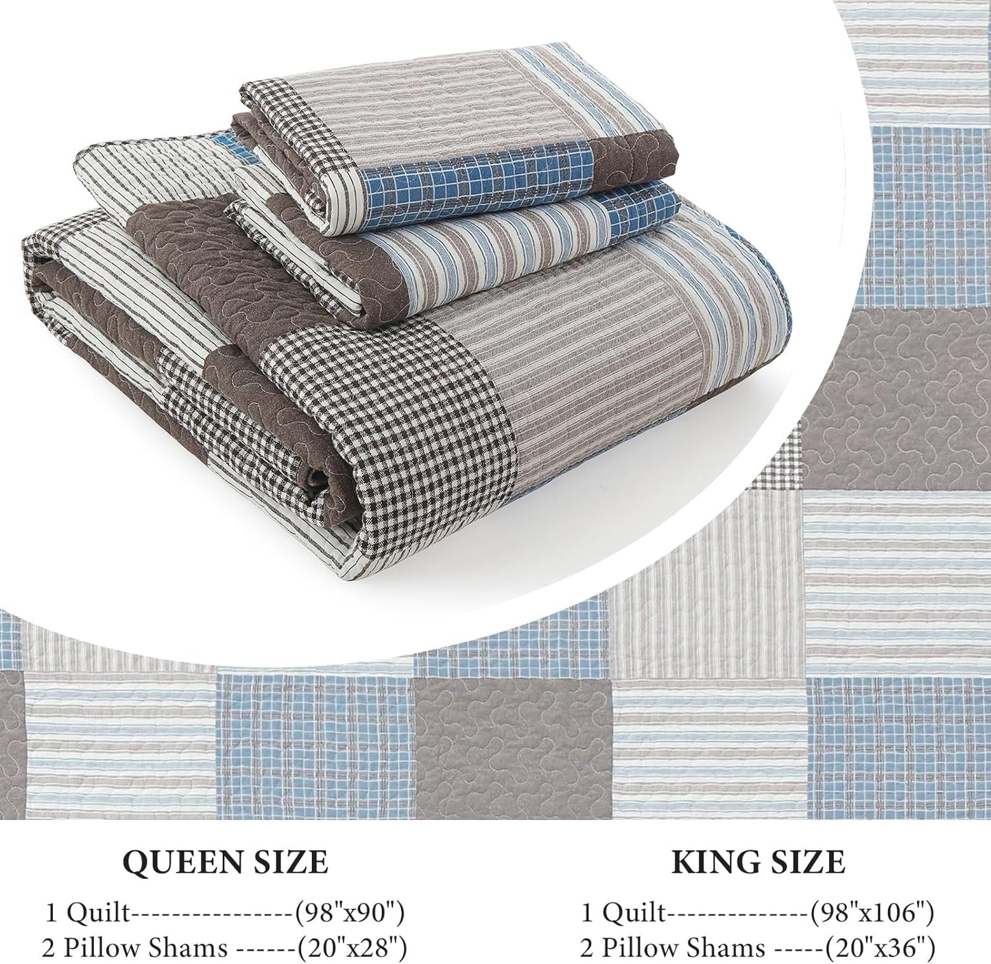 Uniclinens Plaid Quilt Set King Size, 100% Cotton Patchwork Quilt Bedding Set Bedspreads, Farmhouse Lightweight Comforter Quilted Quilt, 3 Pieces Set with 2 Pillowshams, Blue/Brown/White