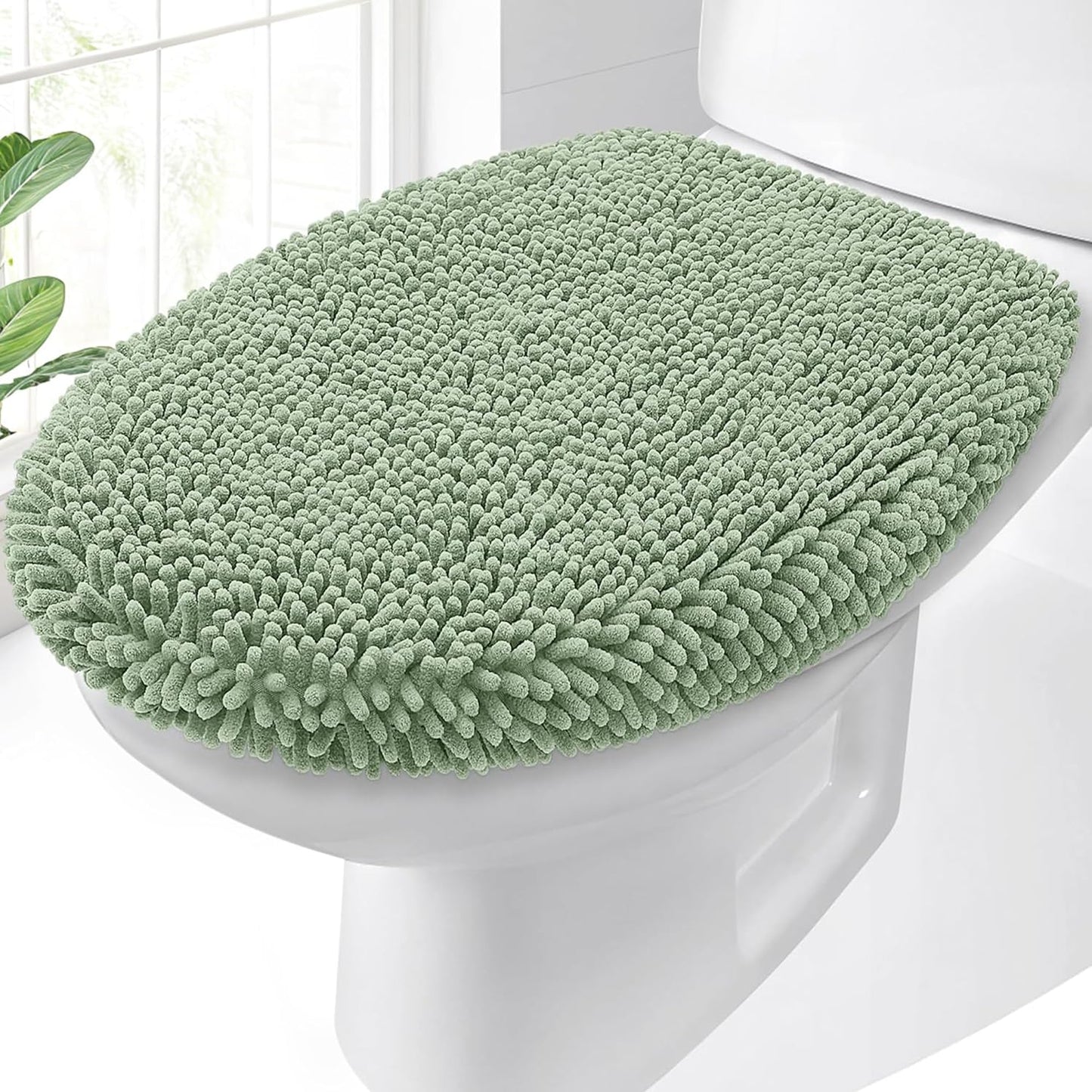 OLANLY Soft Chenille Bathroom Toilet Lid Cover, Machine Washable Seat Covers, 17.5x15, Stays in Place Rubber Backing, Fits Most Round, Elongated and Oblong Lids, Accessories Decor, Sage Green