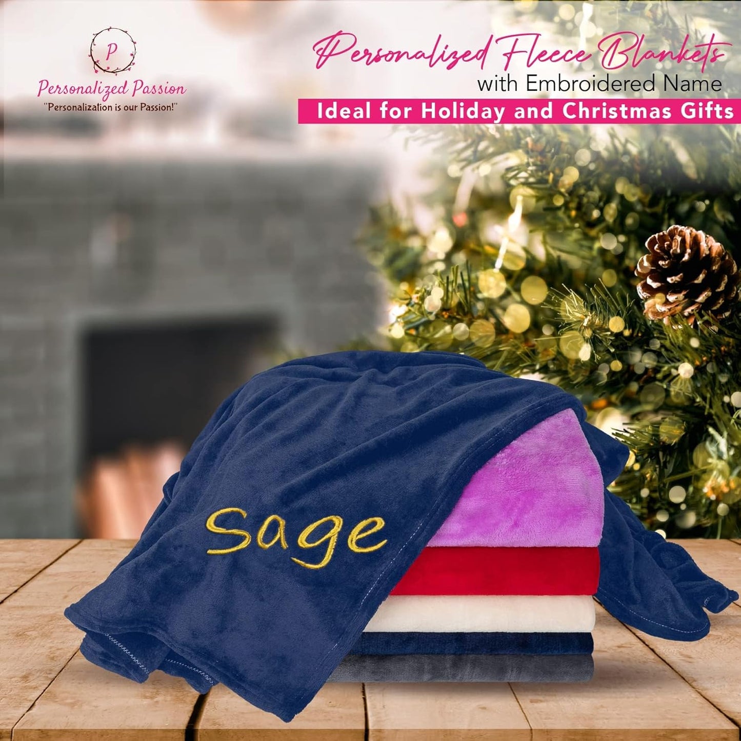 Personalized Blankets for Adults - Custom Blanket with Embroidered Name or Monogram - Soft Fleece Throw Cover for Bed & Couch - Navy (60"x80")