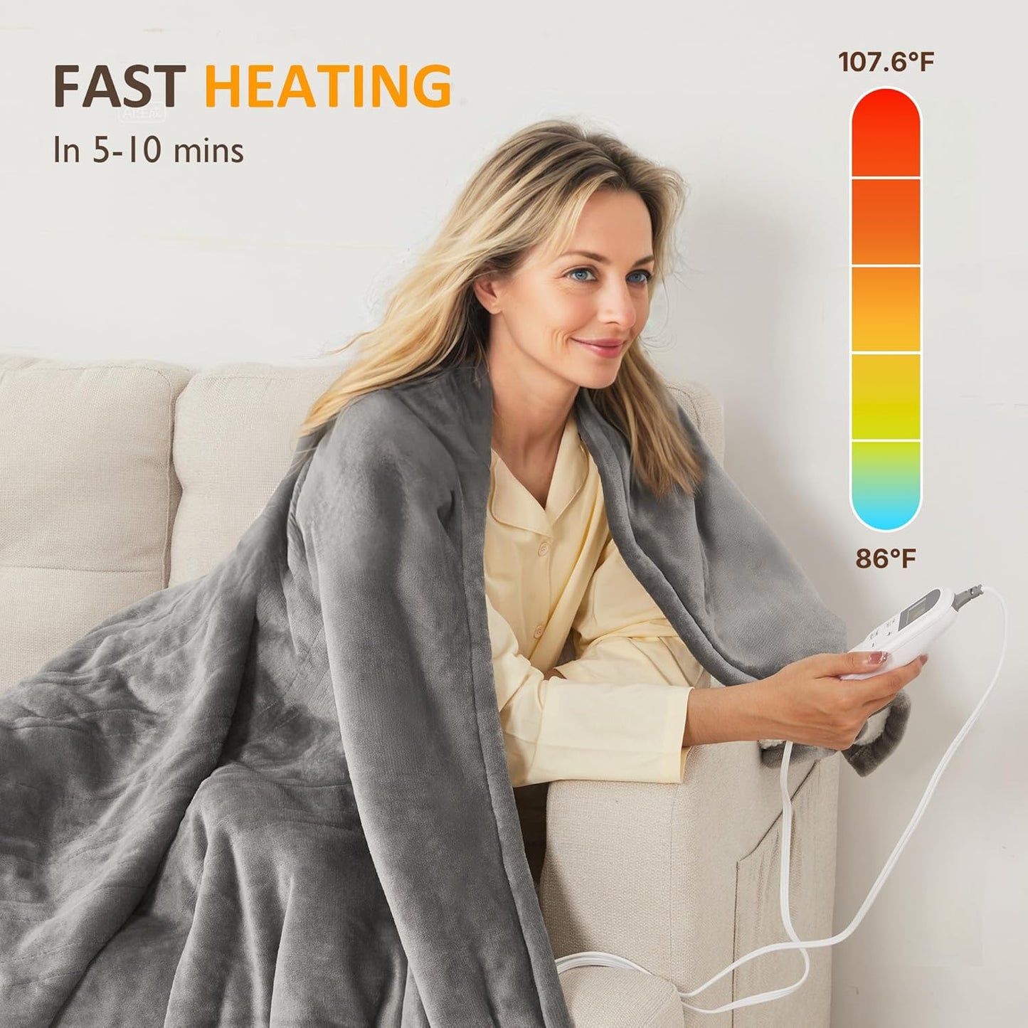 SUNVIVI Heated Blanket Queen Size, Electric Throw Dual Control, 5 Years Warranty, 10 Heat Settings, 12 Hours Auto Off, Soft Flannel and Sherpa, Machine Washable, ETL Certified, Grey, 84x90 Inch