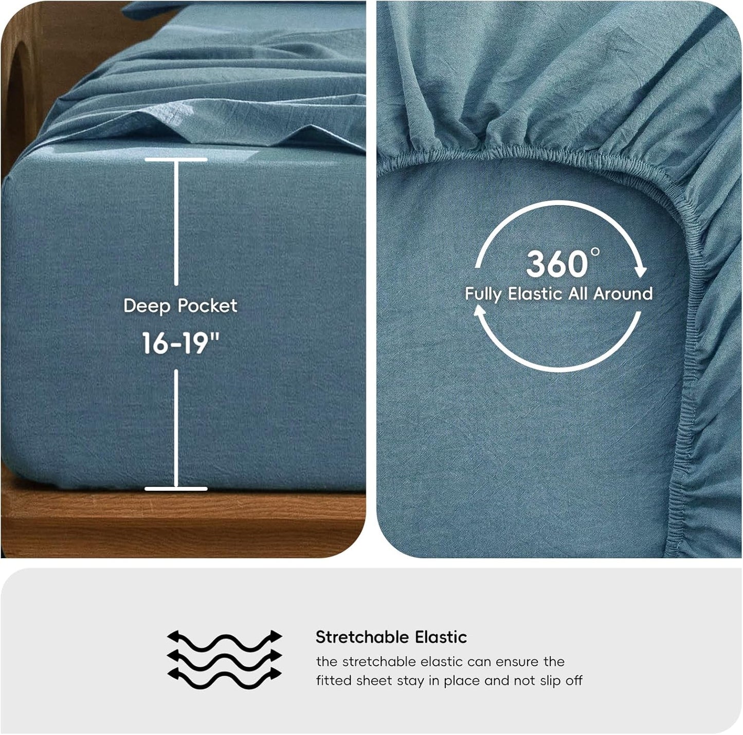 MooMee Bedding Sheet Set 100% Washed Cotton Linen Like Textured Breathable Durable Soft Comfy (Heathered Peacock Blue, King)