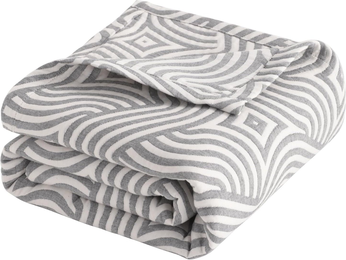NTBAY 3 Layers Cotton Muslin 106x92 King Bed Blanket, Super Soft Breathable Thermal Yarn Dyed Quilt for Adults, Perfect Lightweight Blanket for Couch Sofa Bed All Seasons, Grey Geometric Ripples