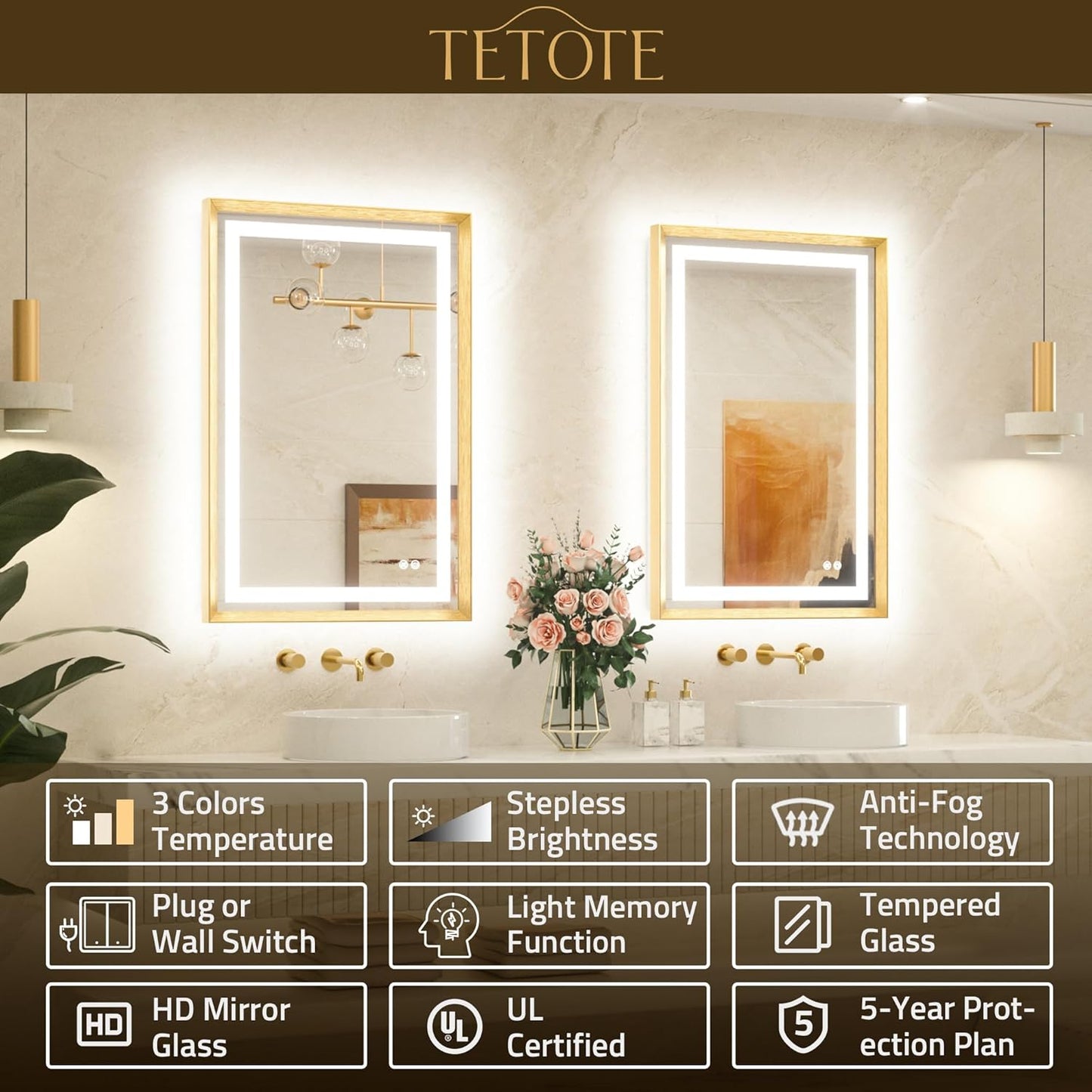 TETOTE 96 x 36 Large Brushed Gold Metal Frame Bathroom Mirror with Light Frontlit & Backlit Vanity Mirror Anti-Fog Stepless Dimmable 3 Colors White/Warm/Natural Wall-Mounted