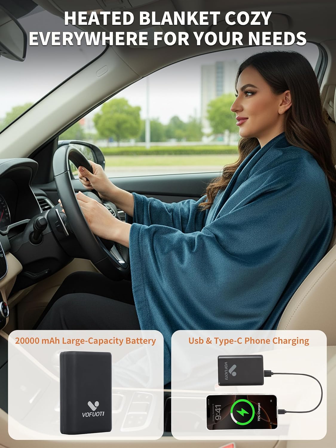 Electric Heated Blanket Battery Operated, Portable Heated Shawl for Neck and Shoulders and Back, Heating Blanket with Zipper and Pockets, 20000mAh, 3 Heating Levels, up to 8 Hours