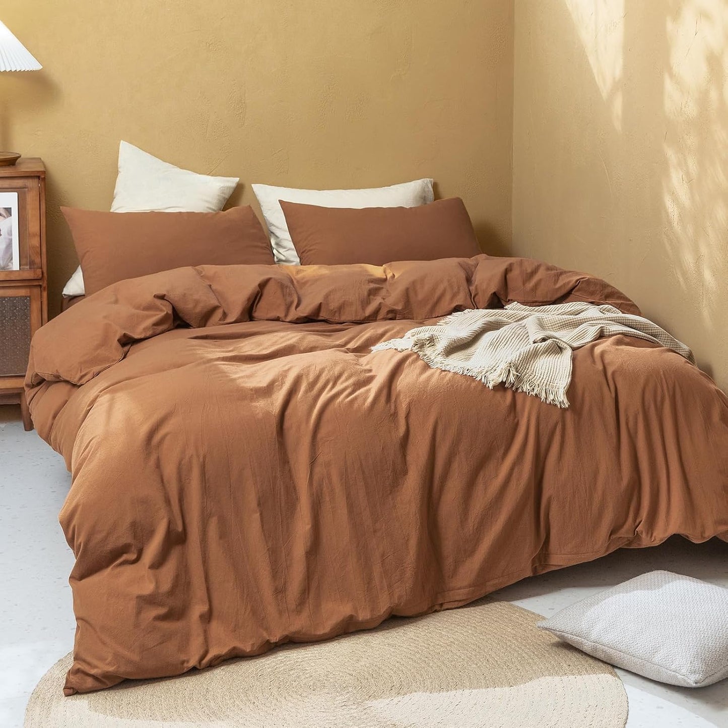 FOSSA Duvet Cover Set 100% Washed Cotton Linen Feel Super Soft Breathable Cozy 3 Pieces Bedding Sets Solid Dark Orange Oversized Queen