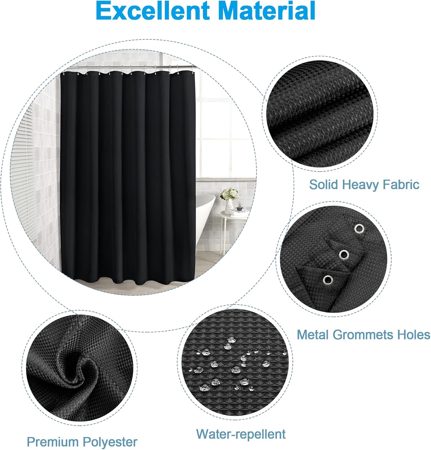 AmazerBath Waffle Shower Curtain, Heavy Duty Fabric Shower Curtains with Waffle Weave Hotel Quality Bathroom Shower Curtains, 72 x 78 Inches (Black)