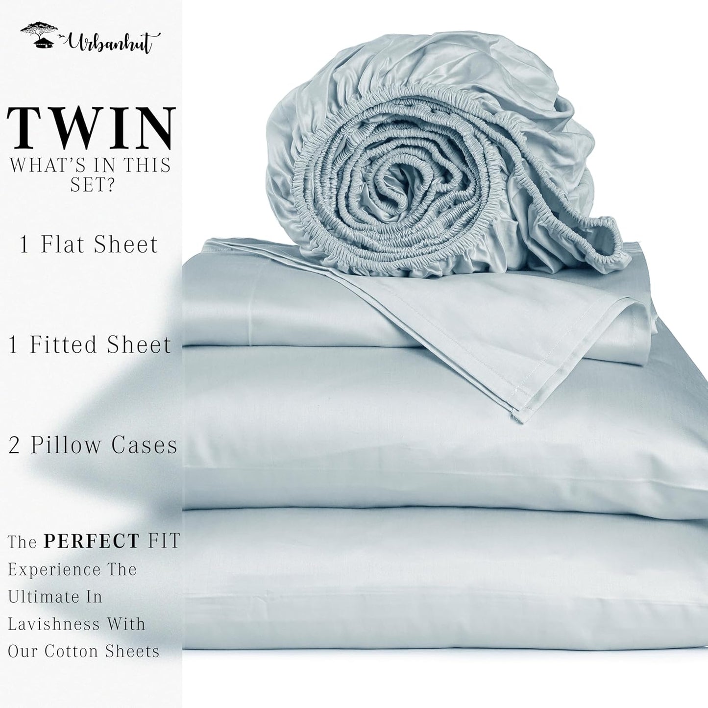 URBANHUT 700 Thread Count Twin Size Egyptian Cotton Sheets, 4Pc Sheet Set Soft Luxury Bed Sheets for Twin Size Bed, Sateen Weave Hotel Sheets, 14'' Elasticized Deep Pocket - Light Blue.