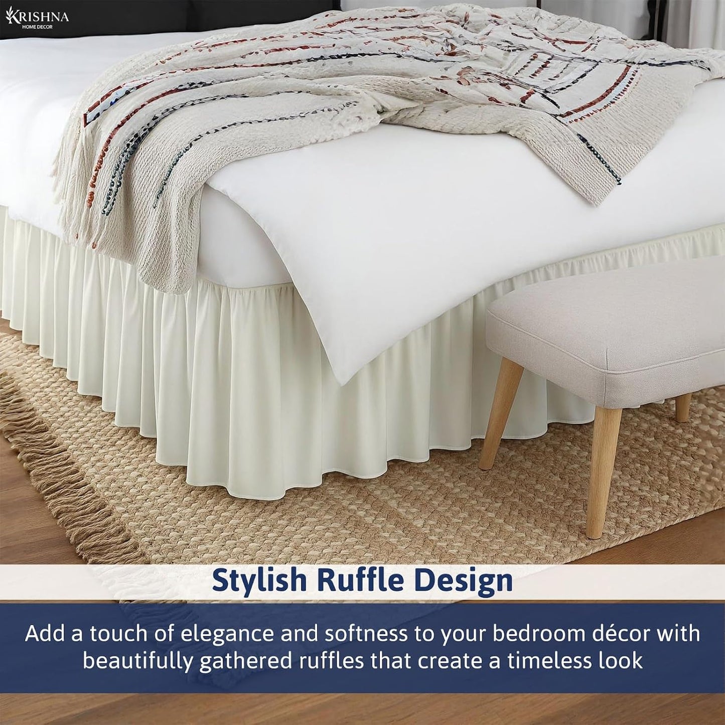 KRISHNA Ruffled Bed Skirt with Split Corners King, 100% Microfiber Hotel Quality, 14 Inch Drop Dust Ruffle Gathered Bedskirt with Platform, 78" x 80", Ivory