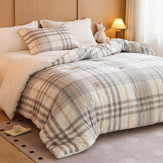 100% Cotton Comforter Set Full Size – Reversible Yarn-Dyed Checkered Design, Soft Washed Cotton on Both Sides, Lightweight All-Season Bedding, Machine Washable(Grey White Plaid, 80”x90”)