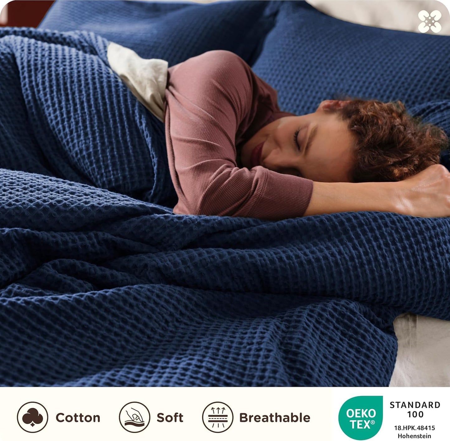 Bedsure Cotton Duvet Cover Set - 100% Cotton Waffle Weave Navy Duvet Cover Oversized King Size, GentleSoft™ and Breathable Bedding Set for All Season, 3 Pieces, 120"x98"