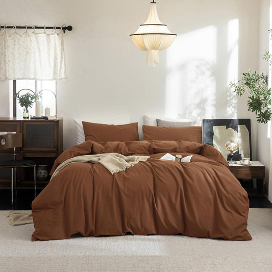 FOSSA Duvet Cover Set 100% Washed Cotton Linen Feel Super Soft Breathable Cozy 3 Pieces Bedding Sets Solid Dark Orange Super King