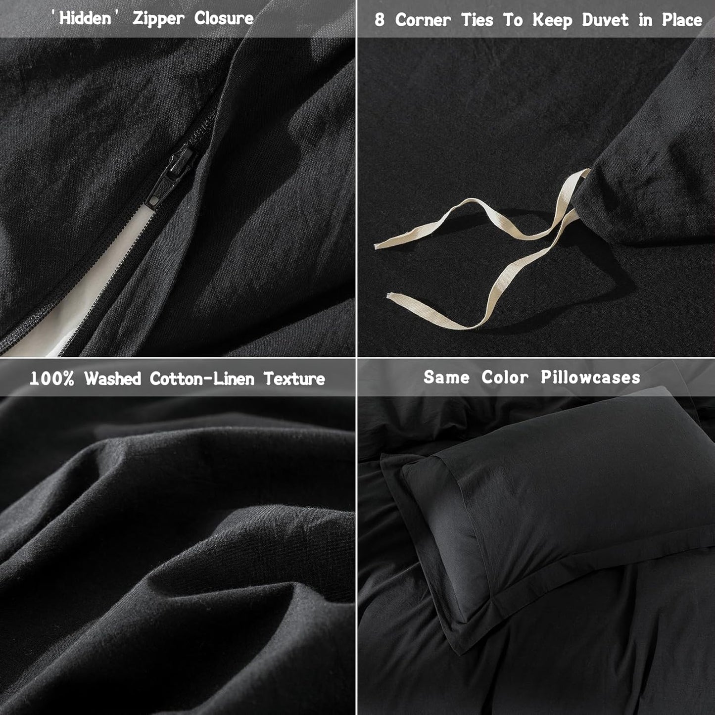 Black Duvet Cover King Size 100% Washed Cotton Bedding Set Cover 1 Duvet Cover with Zipper Closure and 2 Pillowcases, 104inch x 90inch