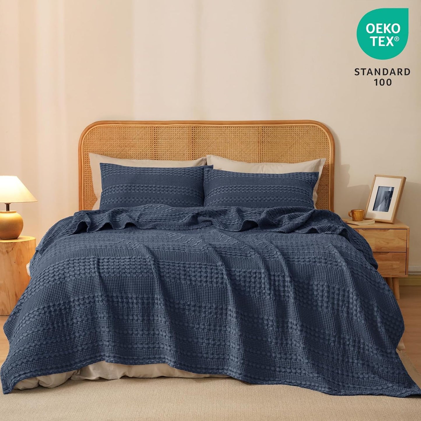 PHF 100% Cotton Waffle Weave Blanket Twin Size for Bed, Soft Lightweight & Breathable, All-Season Comfort, Luxury Aesthetic Woven Bedding for Home Decor, 66"x90", Indigo