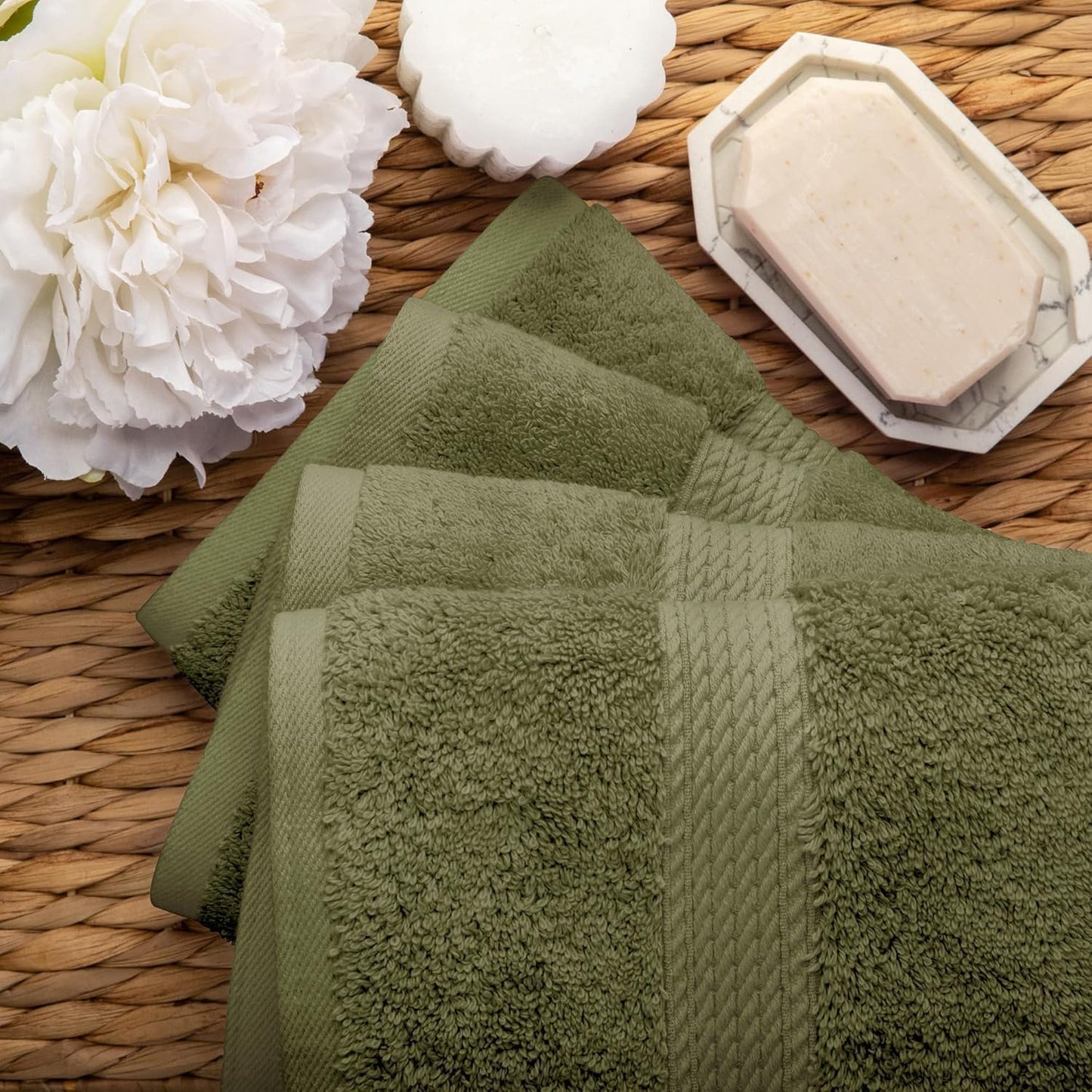 Superior Egyptian Cotton Pile Hand Towel Set of 4, Ultra Soft Luxury Towels, Thick Plush Essentials, Absorbent Heavyweight, Guest Bath, Hotel, Spa, Home Bathroom, Shower Basics, Forest Green