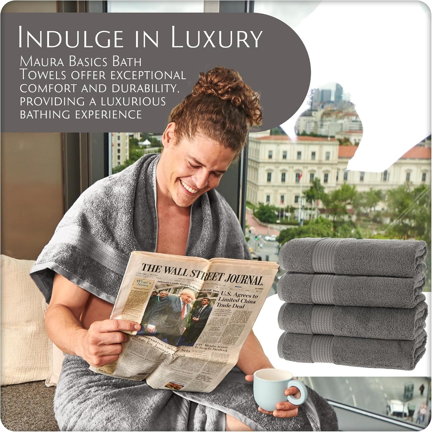 MAURA Basics Performance Bath Towels 100% Turkish Cotton with Hook Loops. Extra Large Luxury Absorbent Plush Towel Sets for Bathroom, Daily Use American Standard Size 27”x54”, Space Gray