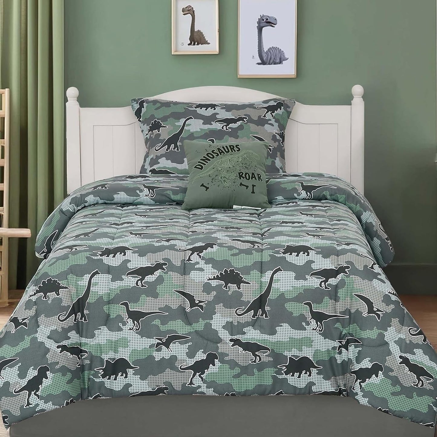 Twin Comforter Set for Boys-3 Pieces Dinosaur Glow in The Dark Twin Bedding Sets for Kids,1 Comforter,1 Sham and 1 Decor Pillow