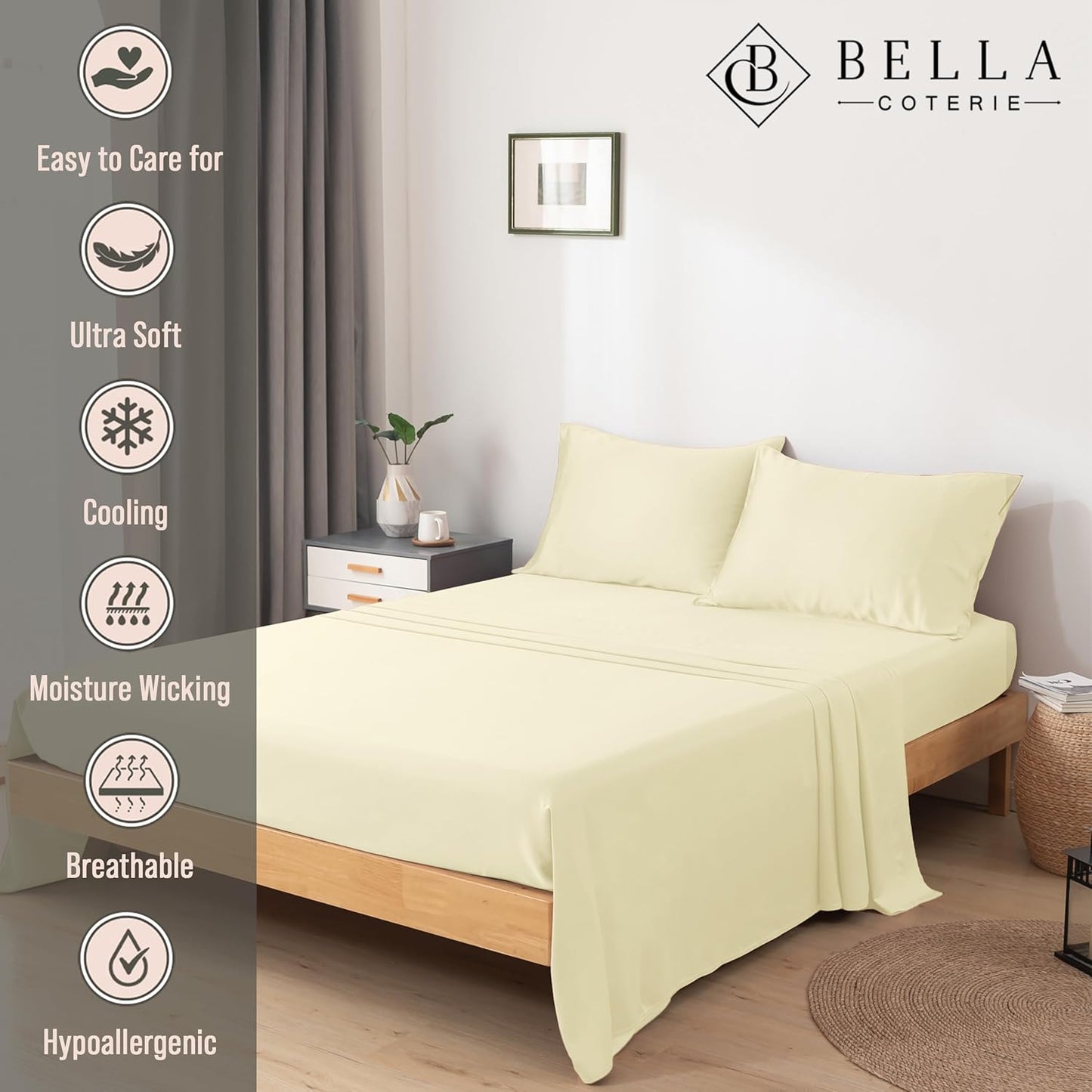 Bella Coterie Luxury Bamboo Viscose Split King Size Sheet Set | 2 Fitted Sheets for Sleep Number & Adjustable Beds | 100% Organically Grown | Cooling & Ultra Soft | 18” Deep Pocket [Lemonade]